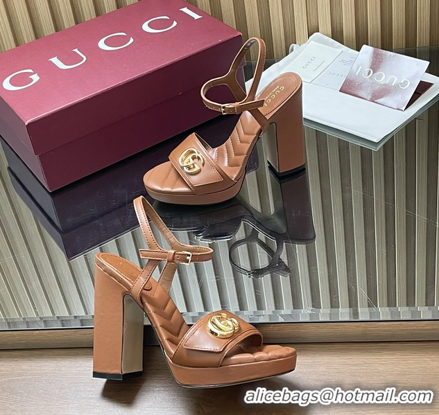 Luxury Cheap Gucci Double G Block High Heeled Platform Sandals Brown Lambskin Leather 125MM 6050406