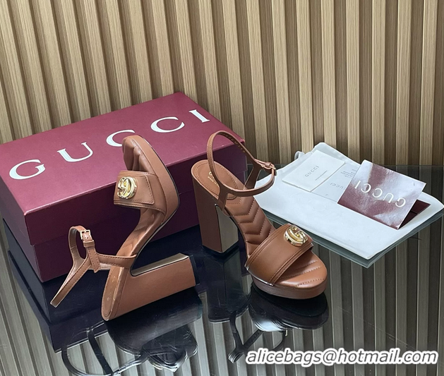 Luxury Cheap Gucci Double G Block High Heeled Platform Sandals Brown Lambskin Leather 125MM 6050406