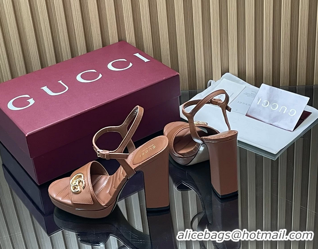 Luxury Cheap Gucci Double G Block High Heeled Platform Sandals Brown Lambskin Leather 125MM 6050406