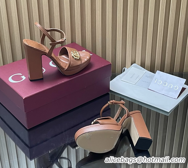 Luxury Cheap Gucci Double G Block High Heeled Platform Sandals Brown Lambskin Leather 125MM 6050406