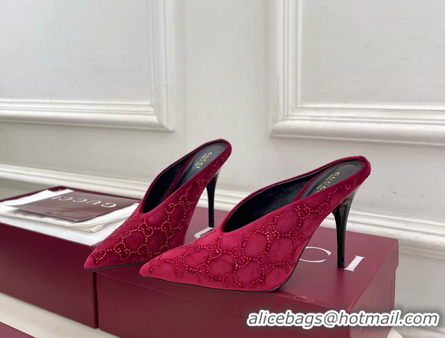 Hot Style Gucci Crystal GG Red Velvet High Heeled Mules 105MM 6050407