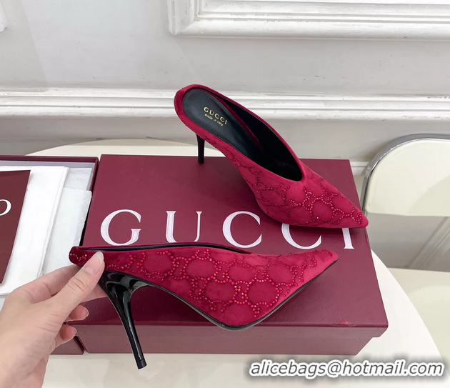 Hot Style Gucci Crystal GG Red Velvet High Heeled Mules 105MM 6050407