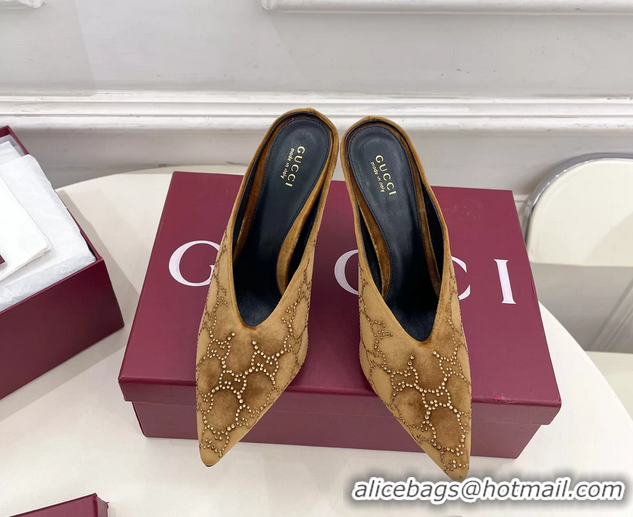 Stylish Gucci Crystal GG Brown Velvet High Heeled Mules 105MM 6050407
