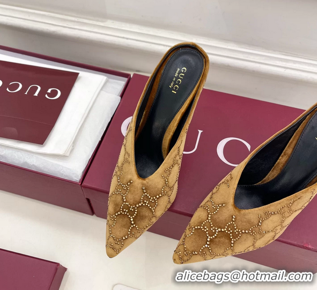 Stylish Gucci Crystal GG Brown Velvet High Heeled Mules 105MM 6050407