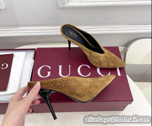 Stylish Gucci Crystal GG Brown Velvet High Heeled Mules 105MM 6050407