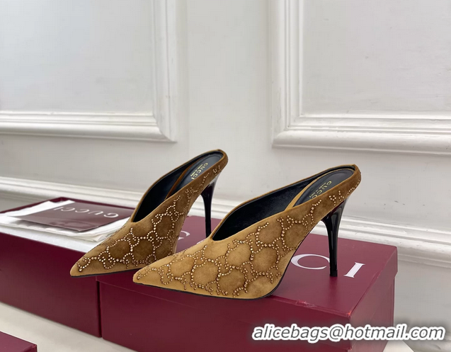 Stylish Gucci Crystal GG Brown Velvet High Heeled Mules 105MM 6050407