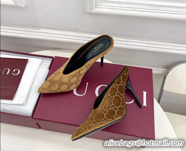 Stylish Gucci Crystal GG Brown Velvet High Heeled Mules 105MM 6050407