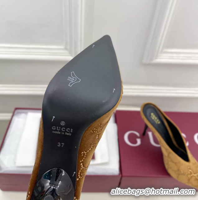 Stylish Gucci Crystal GG Brown Velvet High Heeled Mules 105MM 6050407
