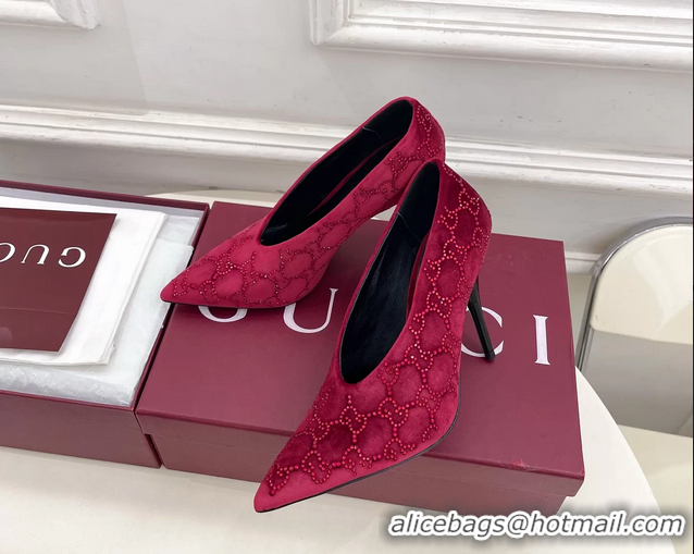Luxury Discount Gucci Crystal GG Red Velvet High Heeled Pumps 105MM 6050408