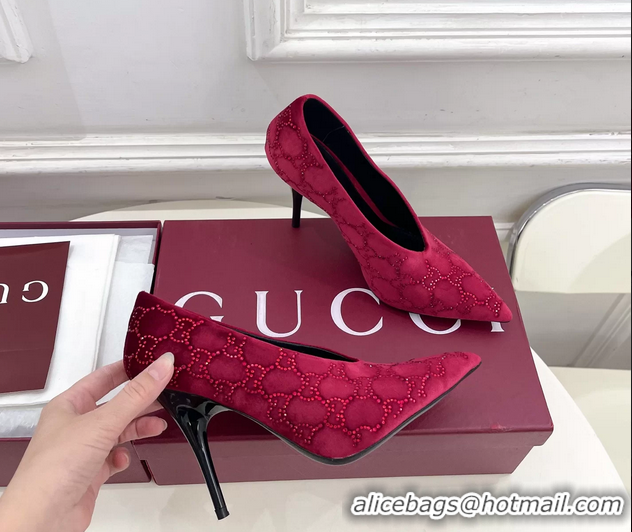 Luxury Discount Gucci Crystal GG Red Velvet High Heeled Pumps 105MM 6050408