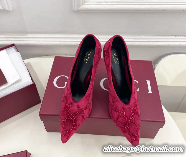 Luxury Discount Gucci Crystal GG Red Velvet High Heeled Pumps 105MM 6050408