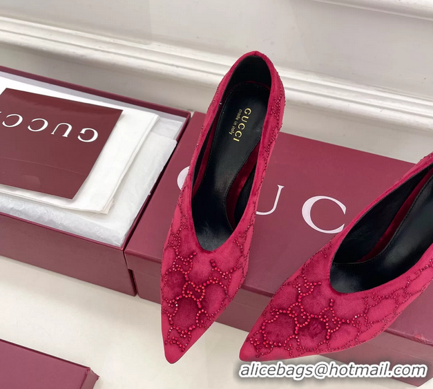 Luxury Discount Gucci Crystal GG Red Velvet High Heeled Pumps 105MM 6050408
