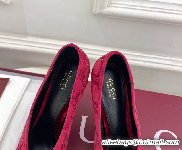 Luxury Discount Gucci Crystal GG Red Velvet High Heeled Pumps 105MM 6050408