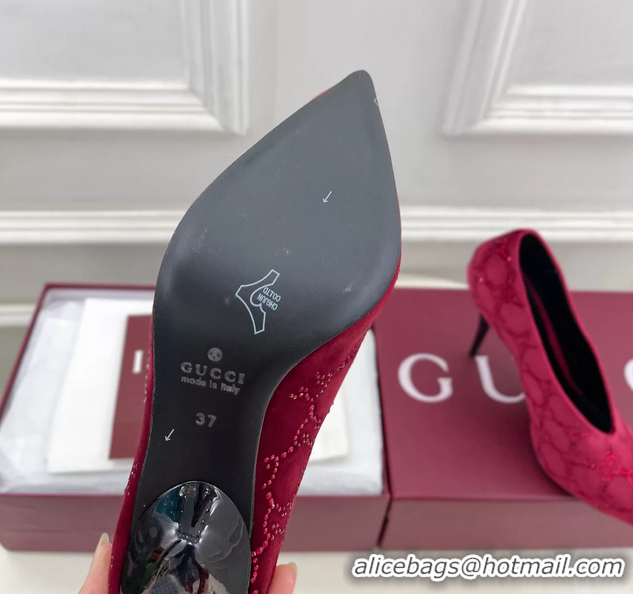 Luxury Discount Gucci Crystal GG Red Velvet High Heeled Pumps 105MM 6050408