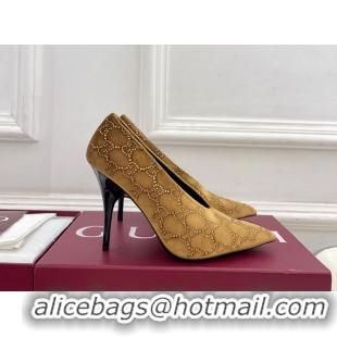 Discount Gucci Crystal GG Brown Velvet High Heeled Pumps 105MM 6050408