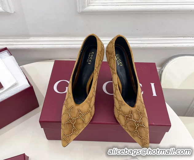 Discount Gucci Crystal GG Brown Velvet High Heeled Pumps 105MM 6050408