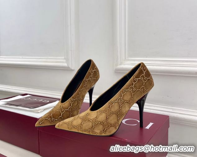 Discount Gucci Crystal GG Brown Velvet High Heeled Pumps 105MM 6050408
