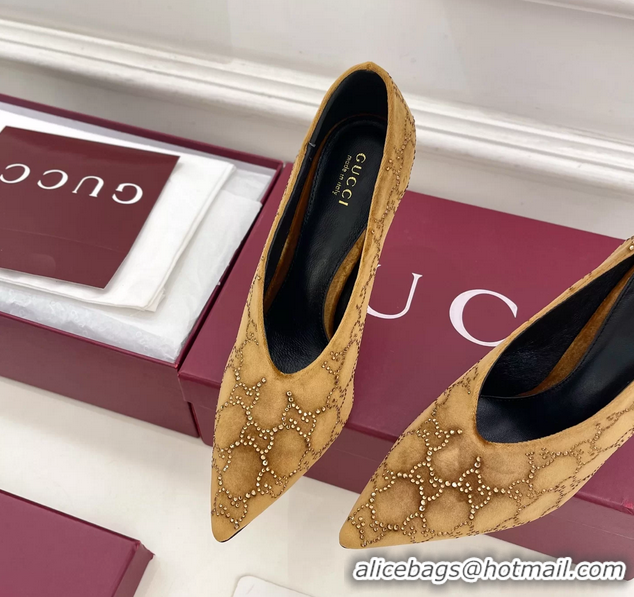 Discount Gucci Crystal GG Brown Velvet High Heeled Pumps 105MM 6050408