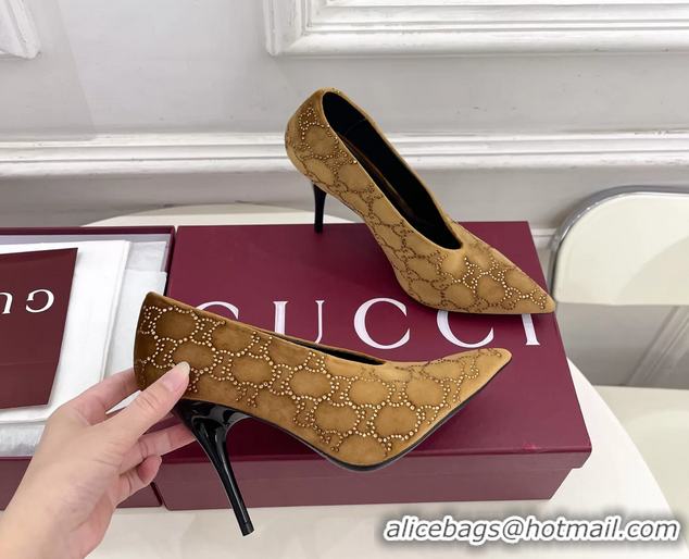 Discount Gucci Crystal GG Brown Velvet High Heeled Pumps 105MM 6050408