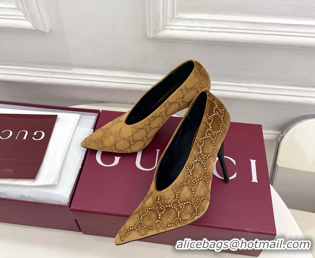 Discount Gucci Crystal GG Brown Velvet High Heeled Pumps 105MM 6050408