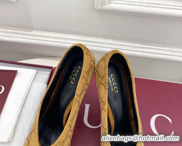 Discount Gucci Crystal GG Brown Velvet High Heeled Pumps 105MM 6050408