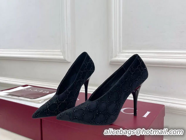 Lower Price Gucci Crystal GG Black Velvet High Heeled Pumps 105MM 6050408