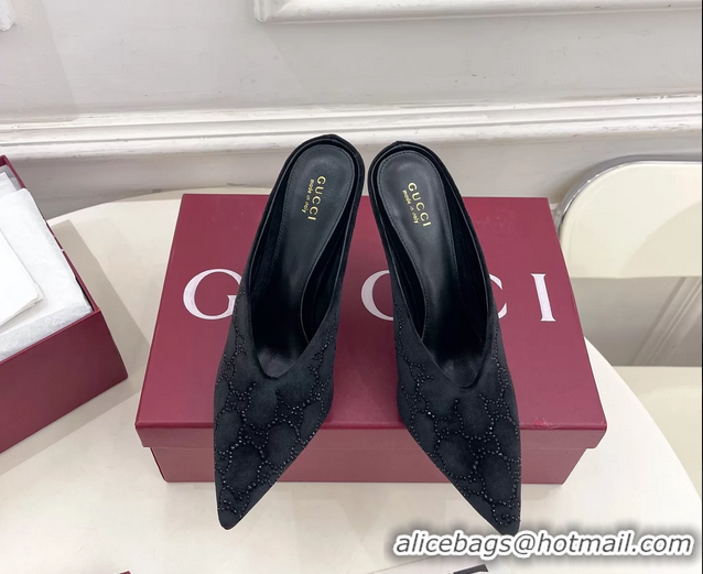 Classic Hot Gucci Crystal GG Black Velvet High Heeled Mules 105MM 6050408