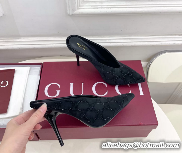 Classic Hot Gucci Crystal GG Black Velvet High Heeled Mules 105MM 6050408