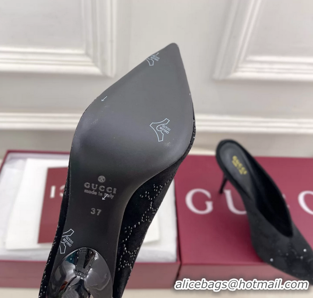 Classic Hot Gucci Crystal GG Black Velvet High Heeled Mules 105MM 6050408