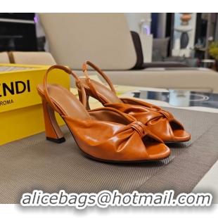 Stylish Fendi Arco Brown Leather High Heeled Slingback Slides Sandals 85MM 6050501