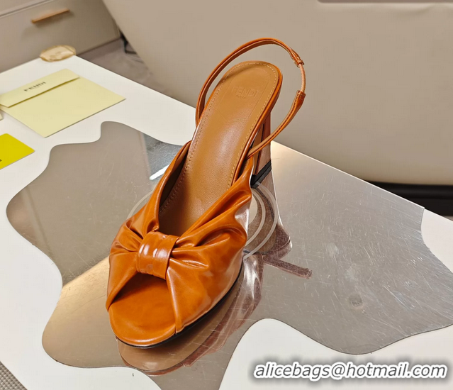 Stylish Fendi Arco Brown Leather High Heeled Slingback Slides Sandals 85MM 6050501