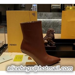 Buy Discount Fendi First Heeled Wedge Ankle Boot Brown Calfskin Leather 90MM 6050501