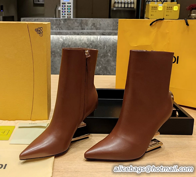 Buy Discount Fendi First Heeled Wedge Ankle Boot Brown Calfskin Leather 90MM 6050501