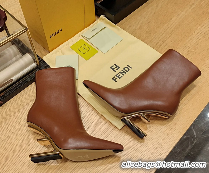 Buy Discount Fendi First Heeled Wedge Ankle Boot Brown Calfskin Leather 90MM 6050501