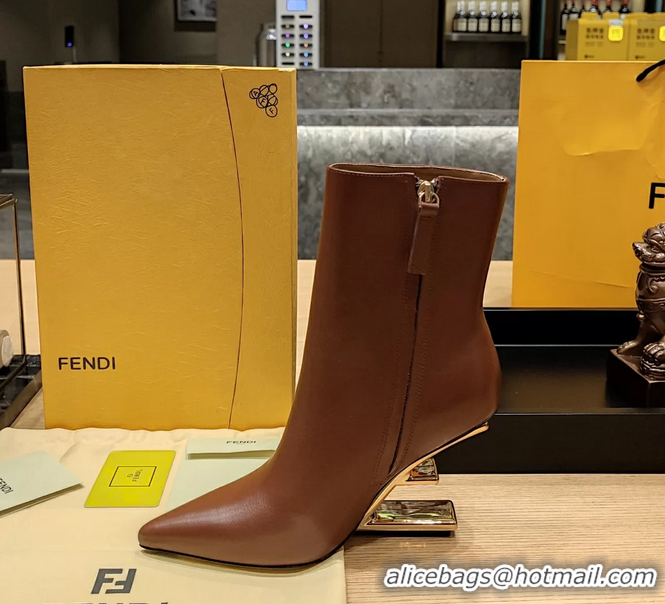 Buy Discount Fendi First Heeled Wedge Ankle Boot Brown Calfskin Leather 90MM 6050501