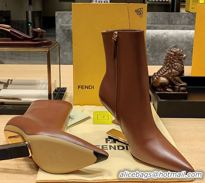 Buy Discount Fendi First Heeled Wedge Ankle Boot Brown Calfskin Leather 90MM 6050501