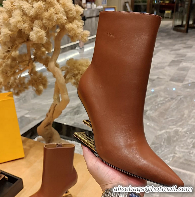 Buy Discount Fendi First Heeled Wedge Ankle Boot Brown Calfskin Leather 90MM 6050501