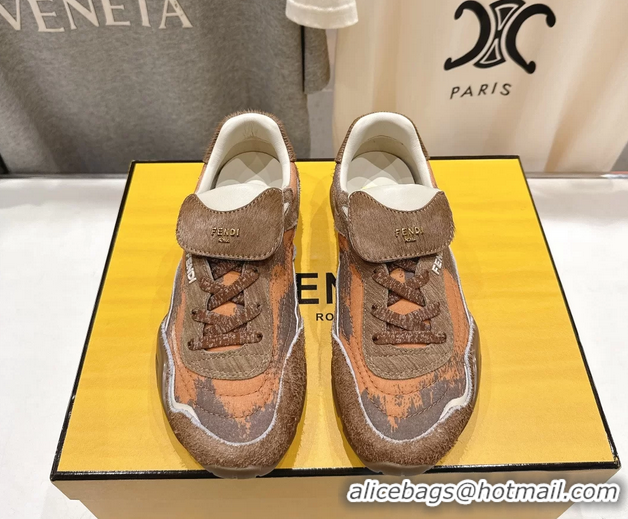 Low Cost Fendi Wave Pulse Low Tops Sneaker Orange Fabric and Brown Cavallino Calfskin 6050502