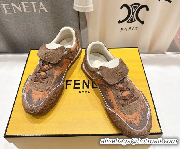 Low Cost Fendi Wave Pulse Low Tops Sneaker Orange Fabric and Brown Cavallino Calfskin 6050502