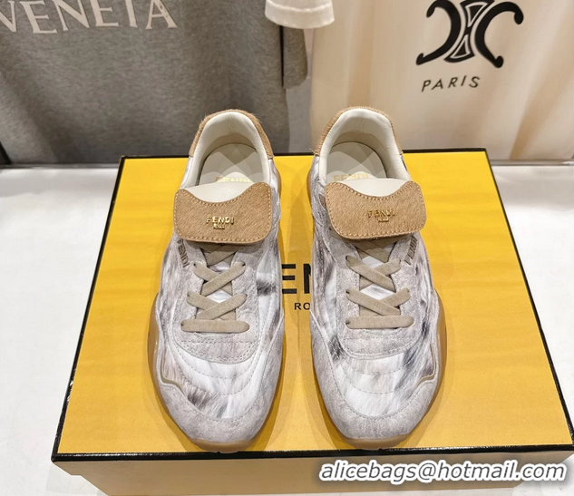 Sophisticated Fendi Wave Pulse Low Tops Sneaker White Fabric and Gray Cavallino Calfskin 6050502