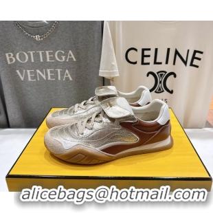Classic Hot Fendi Wave Pulse Low Tops Sneaker Gold Brown Calfskin Leather 6050502