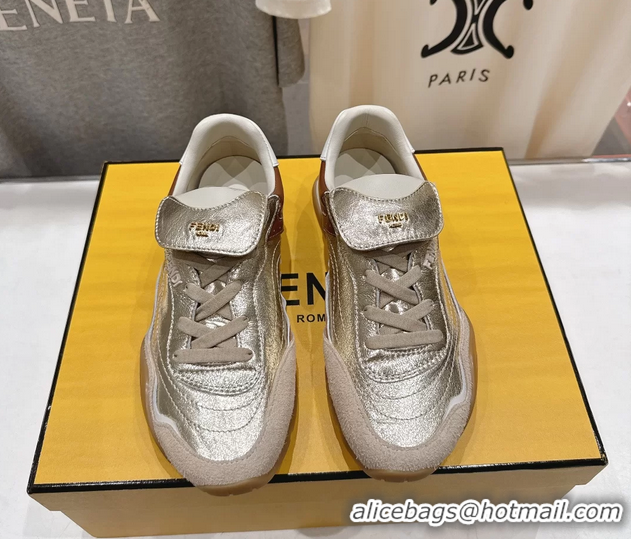 Classic Hot Fendi Wave Pulse Low Tops Sneaker Gold Brown Calfskin Leather 6050502