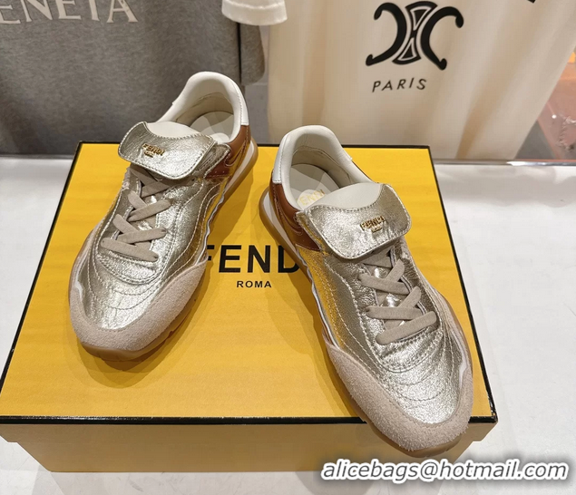 Classic Hot Fendi Wave Pulse Low Tops Sneaker Gold Brown Calfskin Leather 6050502