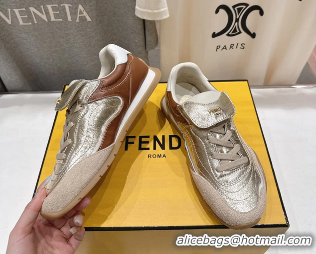 Classic Hot Fendi Wave Pulse Low Tops Sneaker Gold Brown Calfskin Leather 6050502