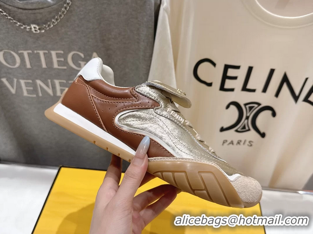 Classic Hot Fendi Wave Pulse Low Tops Sneaker Gold Brown Calfskin Leather 6050502