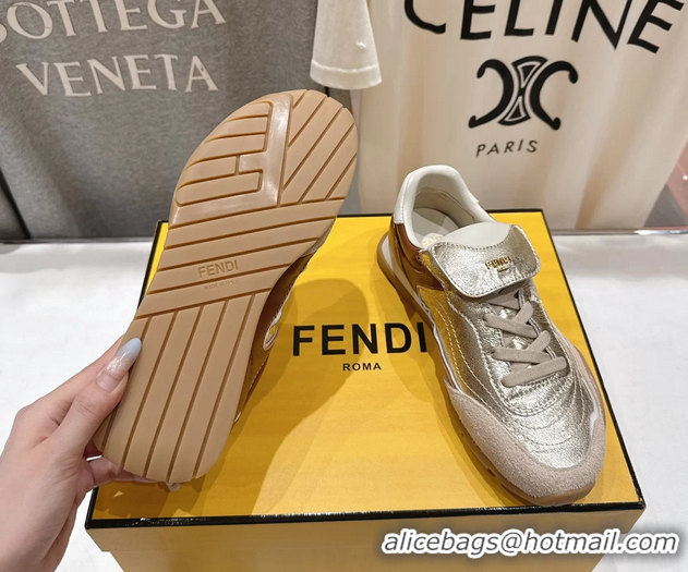Classic Hot Fendi Wave Pulse Low Tops Sneaker Gold Brown Calfskin Leather 6050502
