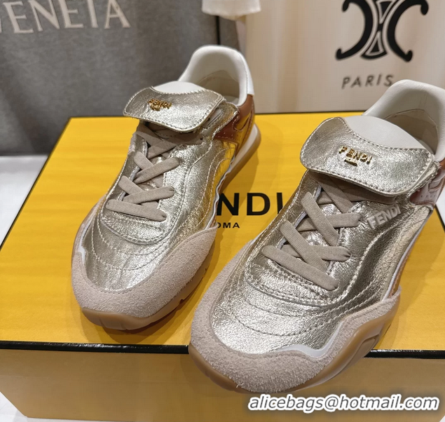 Classic Hot Fendi Wave Pulse Low Tops Sneaker Gold Brown Calfskin Leather 6050502
