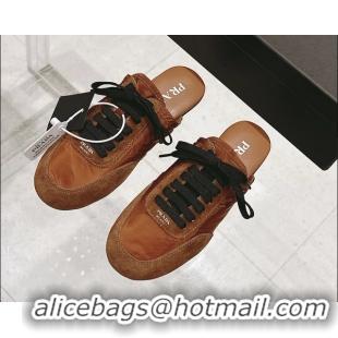 Pretty Style Prada Collapse Mixed Media Re Nylon and Suede Flat Mules Brown 6050701