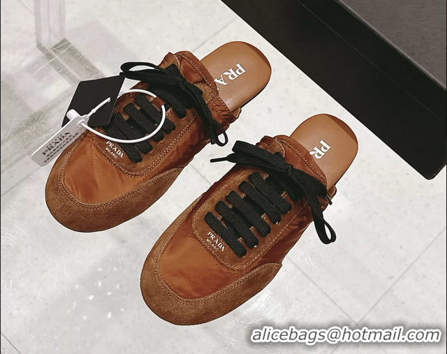 Pretty Style Prada Collapse Mixed Media Re Nylon and Suede Flat Mules Brown 6050701