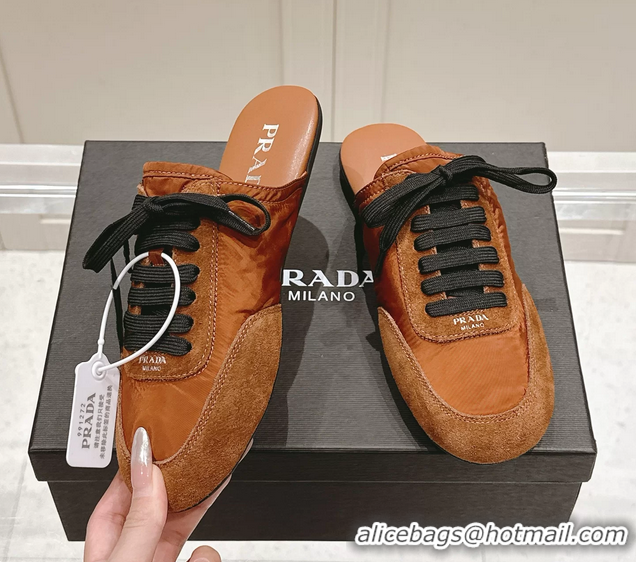 Pretty Style Prada Collapse Mixed Media Re Nylon and Suede Flat Mules Brown 6050701